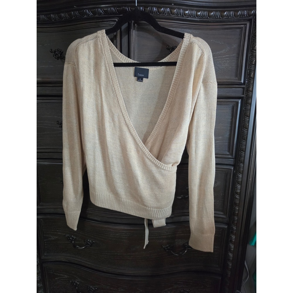 Lumiere Metallic Gold Wrap Sweater V-Neck Tie Back Shimmer Knit NT17961 Small